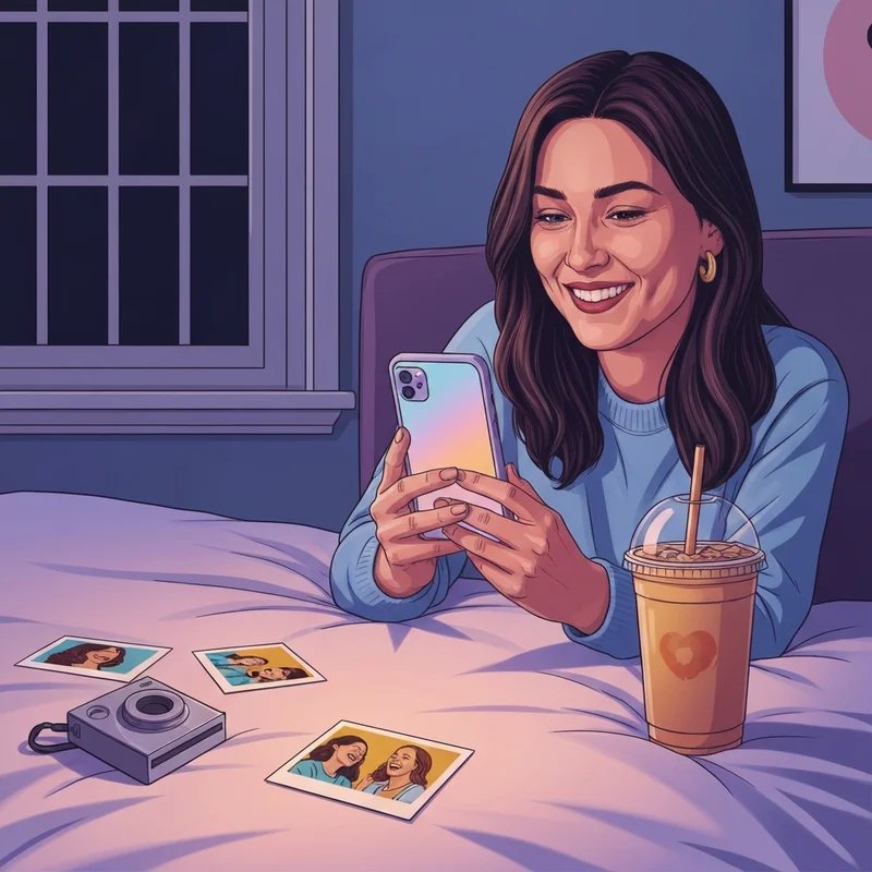 A young woman crafting a heartfelt happy birthday for a friend on her smartphone in a cozy room.