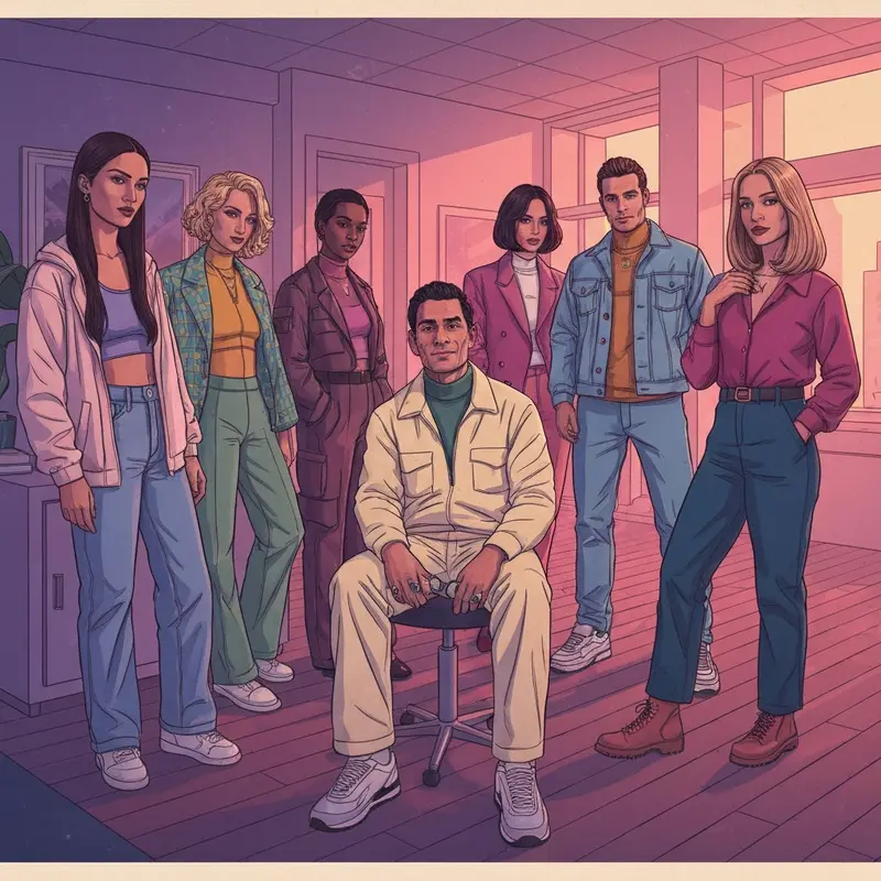 A group of stylish Gen Z friends in a neon-lit room, representing the ultimate aesthetic group images for friends.