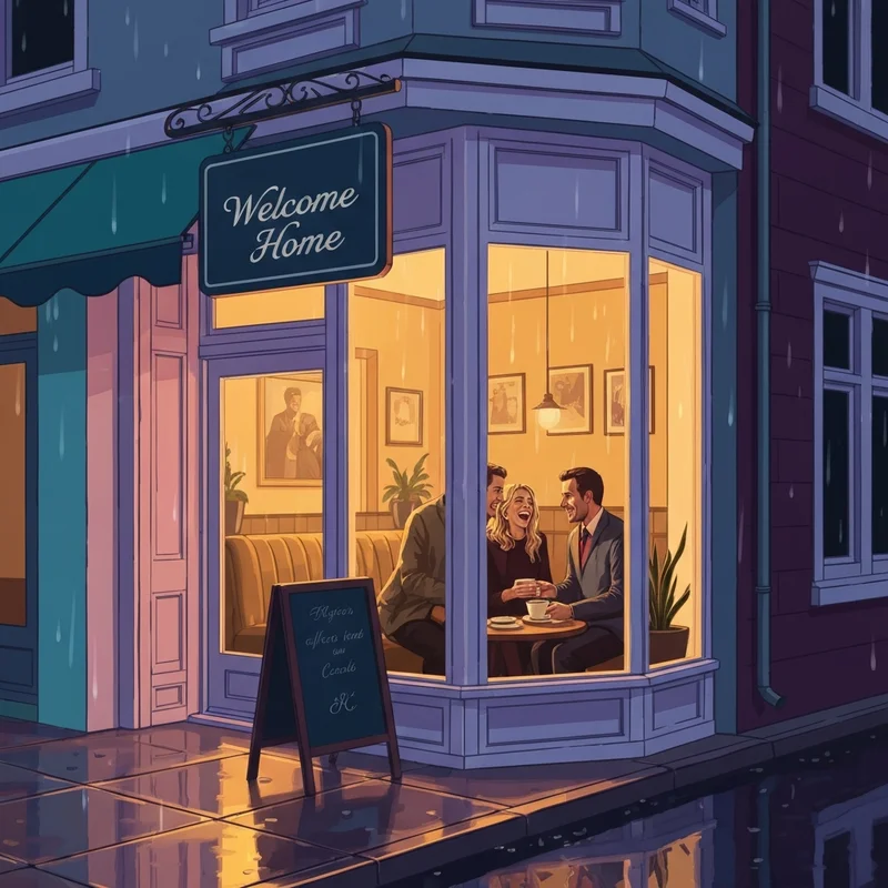 A welcoming friendly inn with golden light spilling onto a rainy sidewalk at night.