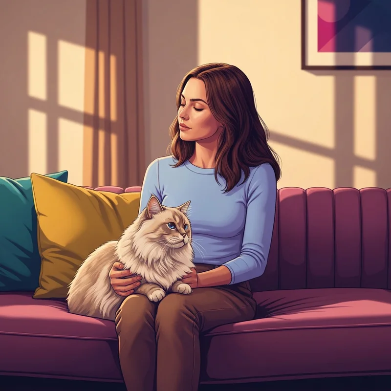 A woman cuddling a Ragdoll, one of the most friendly cat breeds, in a cozy urban apartment.
