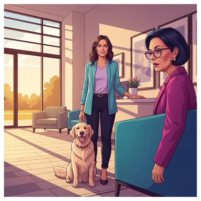 A happy traveler checking into one of the pet friendly hotels Dothan AL with her dog.