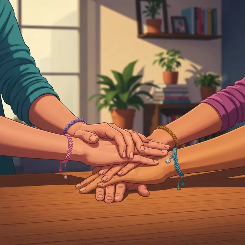 A close-up of three friends wearing matching friend bracelets as a symbol of their lifelong bond.