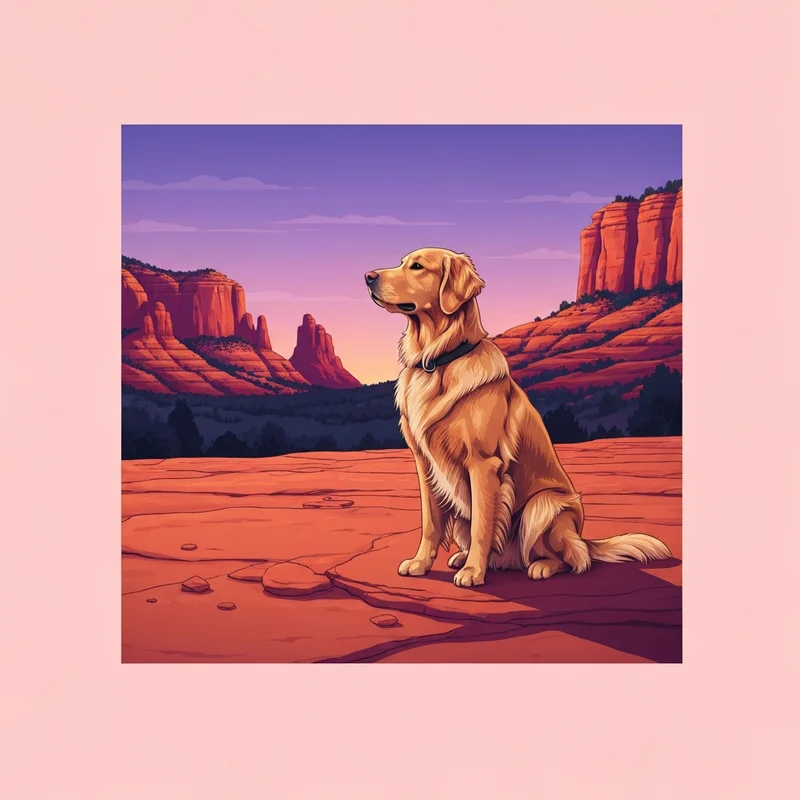 A happy dog enjoying the view near dog friendly hotels in Sedona AZ during a red rock sunset.