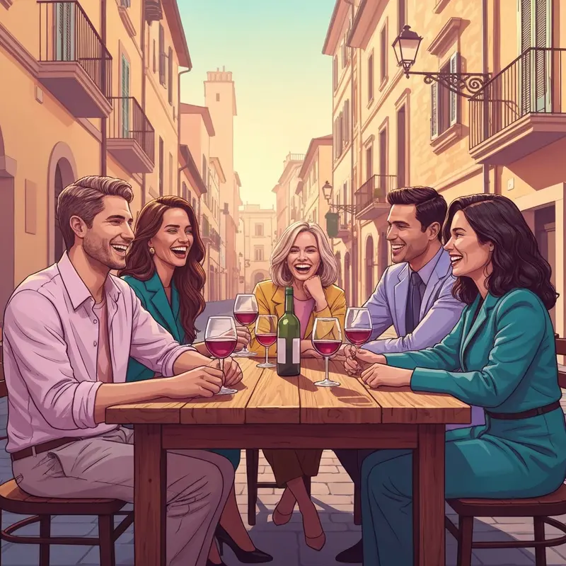 A group of young people enjoying drinks and food together as they bond with a friend italiano in a sunlit square.