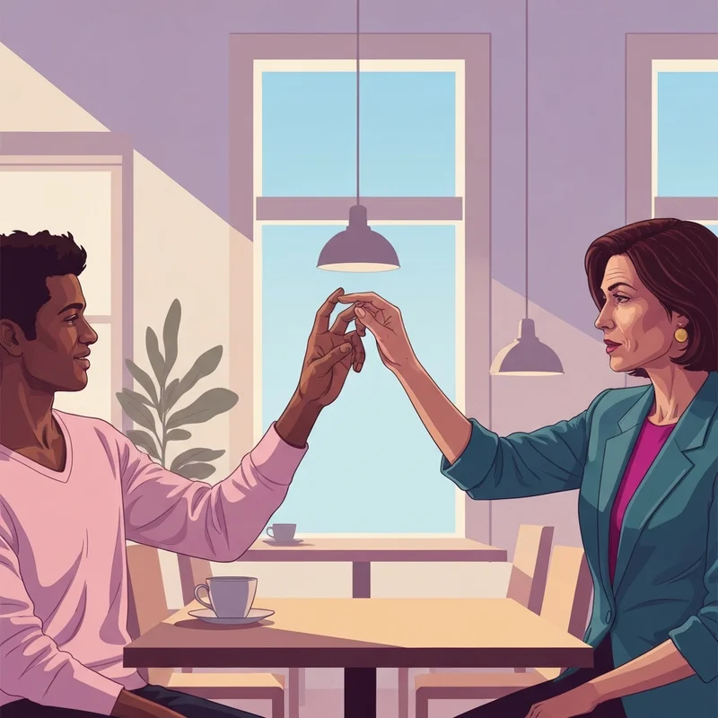 Two people practicing the asl sign for friend in a sunlit cafe.