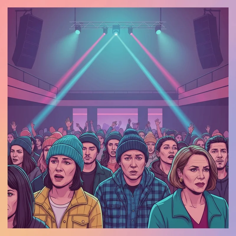 A cinematic view of the real friends tour crowd enjoying a high-energy pop-punk performance under neon lights.