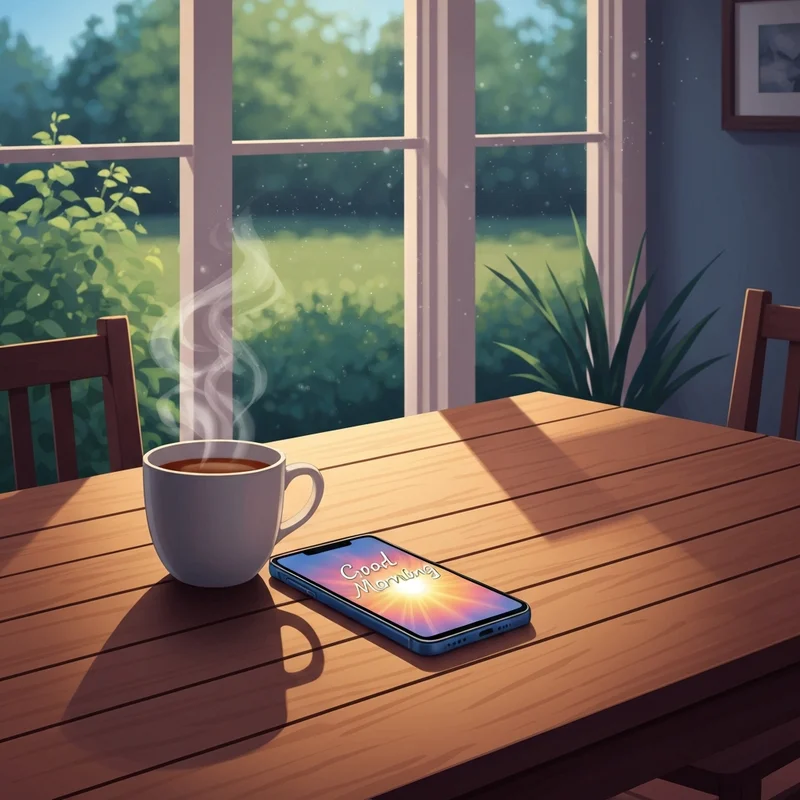 A serene morning scene with a phone displaying good morning images for friends to show digital connection.