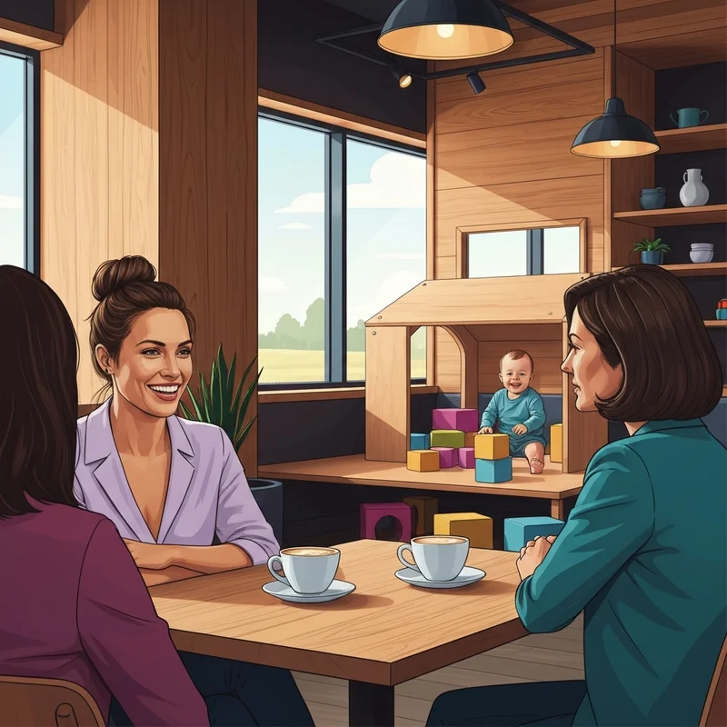 A stylish mother enjoying coffee at one of the best family friendly places near me with her toddler playing nearby.