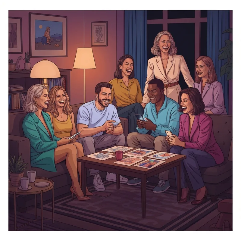 A group of friends enjoying unique things to do with friends at home in a cozy aesthetic living room.