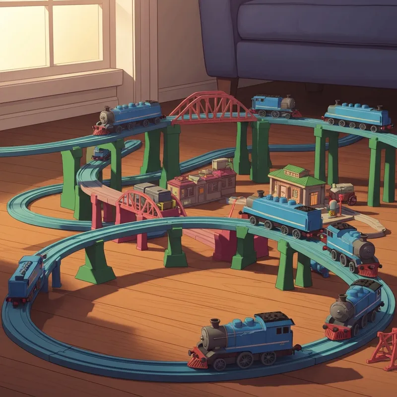 A complex motorized railway layout featuring trackmaster thomas and friends engines and expansion sets on a living room floor.