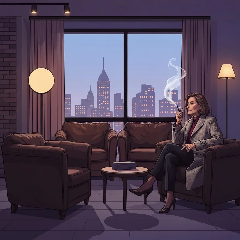 A professional in a smoker friendly lounge overlooking a city skyline.