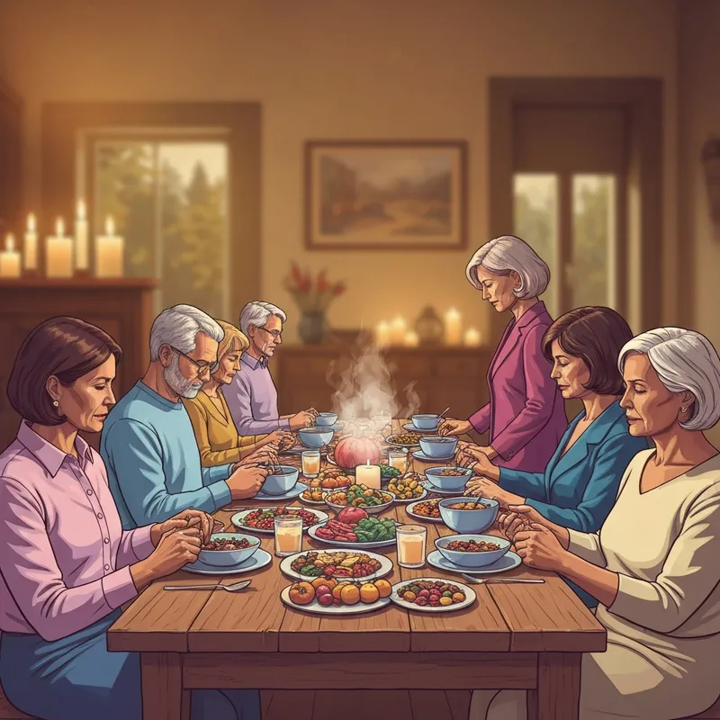 A group of loved ones gathered for a thanksgiving prayer for family and friends around a warm, candlelit dinner table.