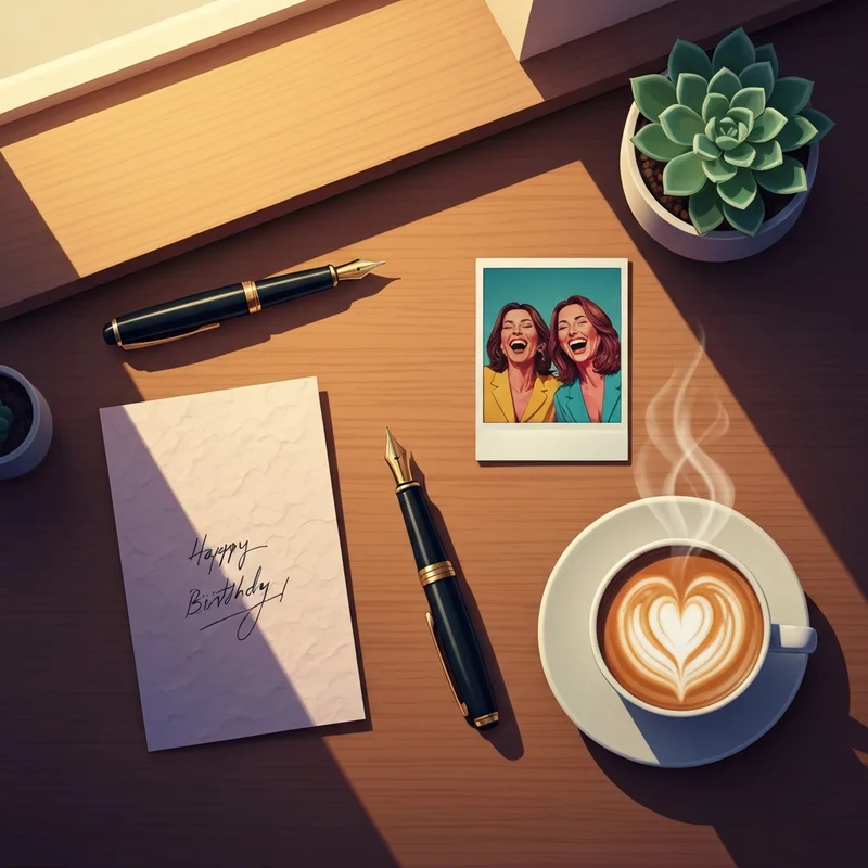 A personalized best friend birthday card on a wooden desk with a Polaroid and coffee.