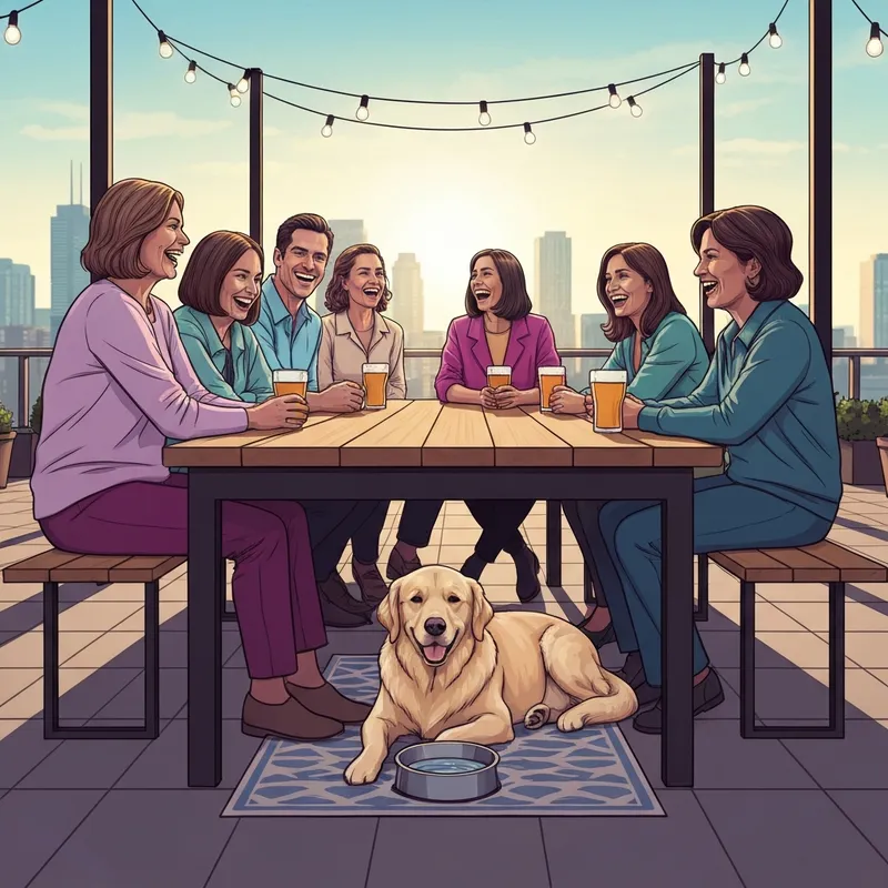 A group of friends enjoying a bar dog friendly patio in Toronto at sunset with a calm golden retriever.