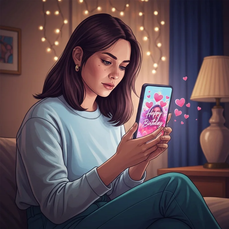 A girl creating aesthetic pictures for friends birthday on her smartphone in a cozy room.