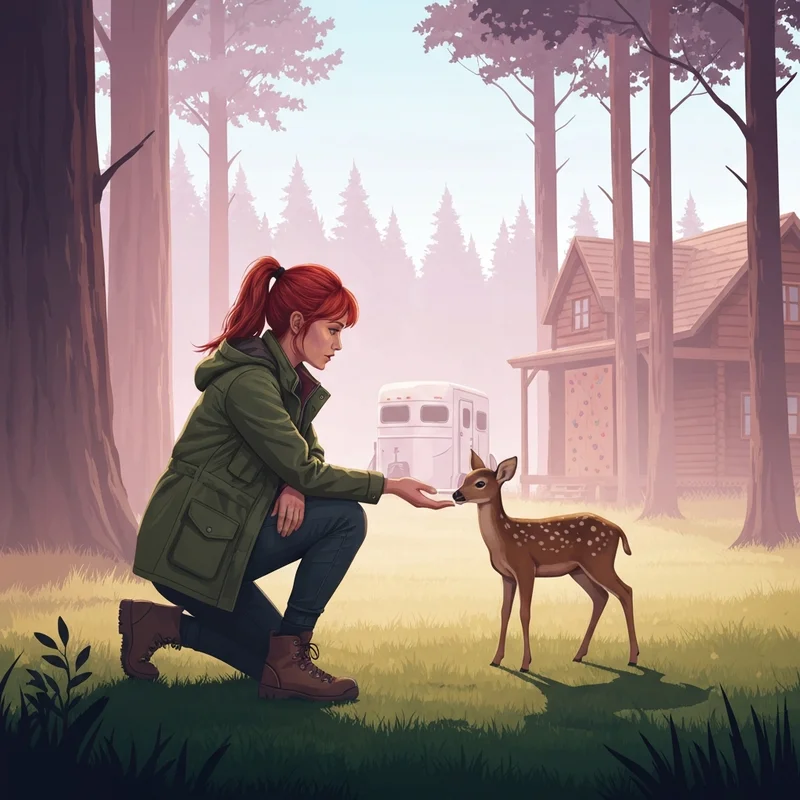 A realistic portrayal of the lego friends mia archetype as an adventurous nature lover in a forest setting.