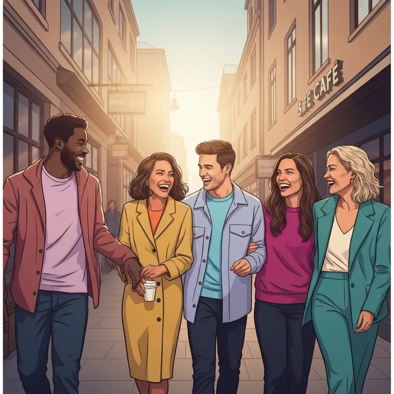 A diverse and stylish group of friends captured in a friend group vertical image during golden hour for an aesthetic wallpaper.