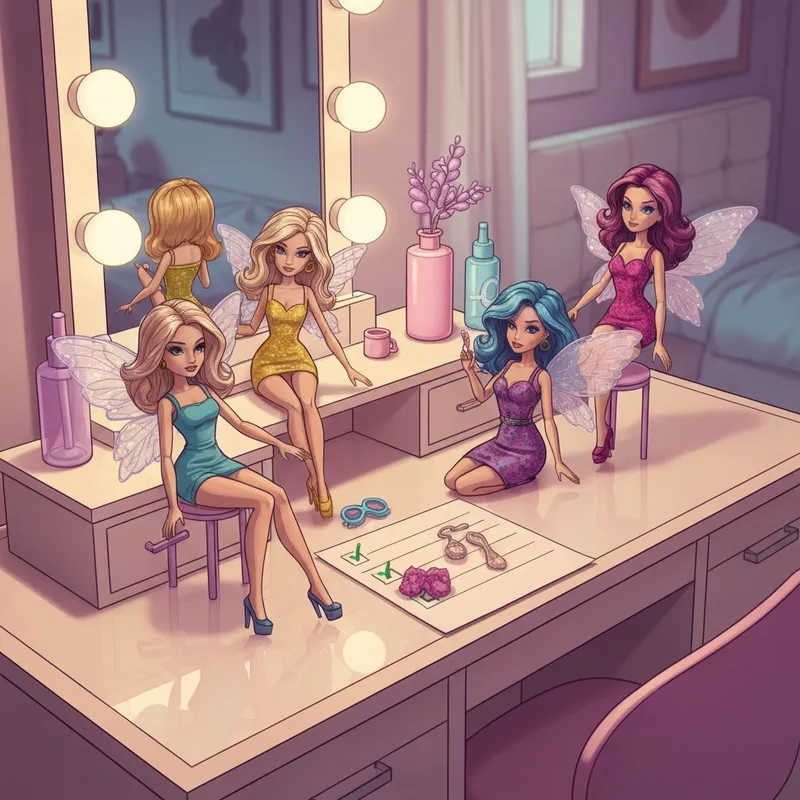 A collection of Royale High Mystery Friends dolls displayed on a stylish vanity.