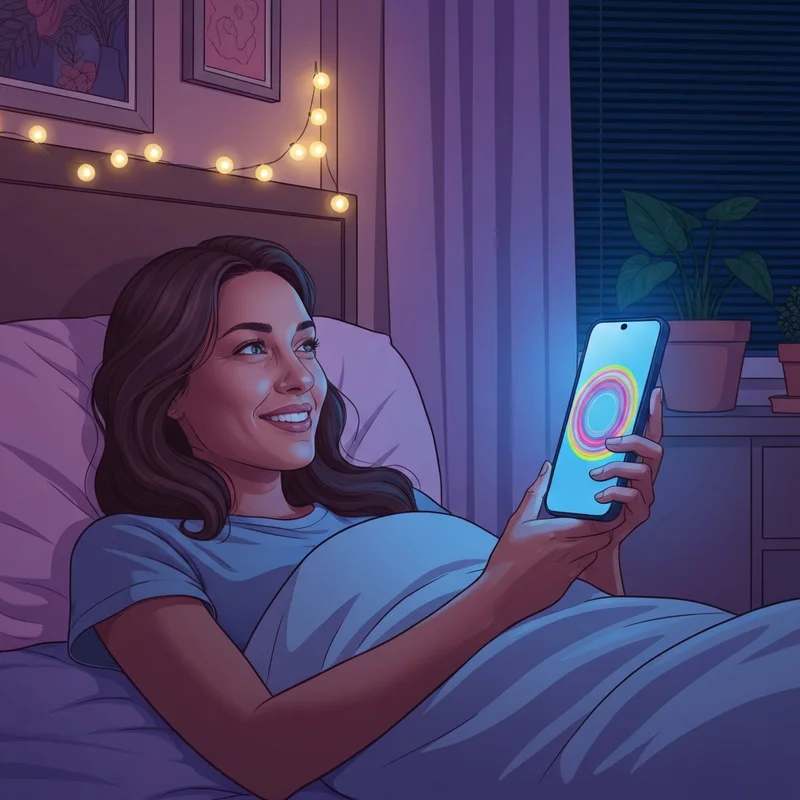 A young woman smiling at a glowing best friends gif on her smartphone at night.