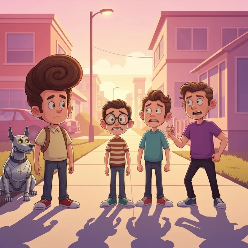 The iconic trio of a jimmy neutron friend group standing together in Retroville during sunset.