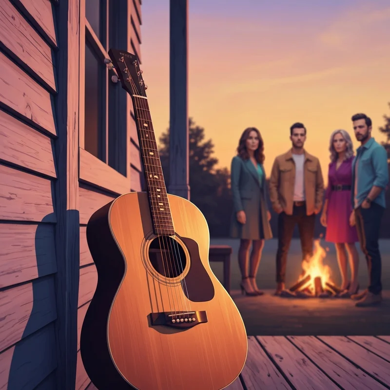 Vintage acoustic guitar on a porch representing the Grateful Dead Friend Of The Devil Chords vibe.