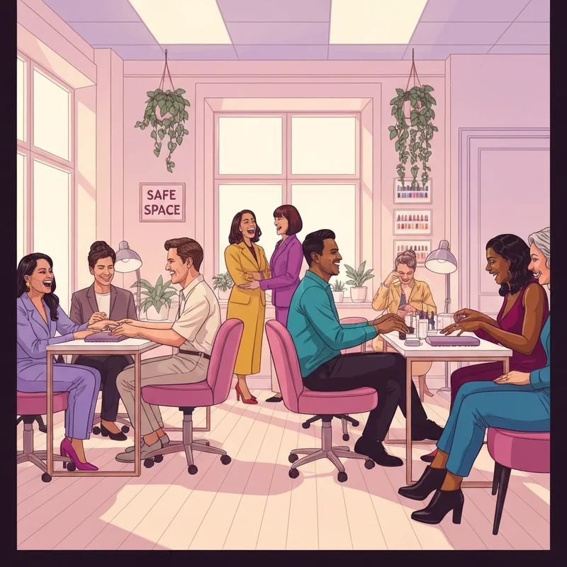 A diverse and welcoming salon environment where clients enjoy a judgment-free experience with friendly nails.