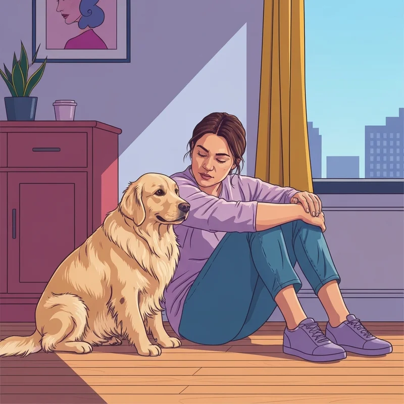 A young adult bonding with their fur ever friends in a sunlit apartment