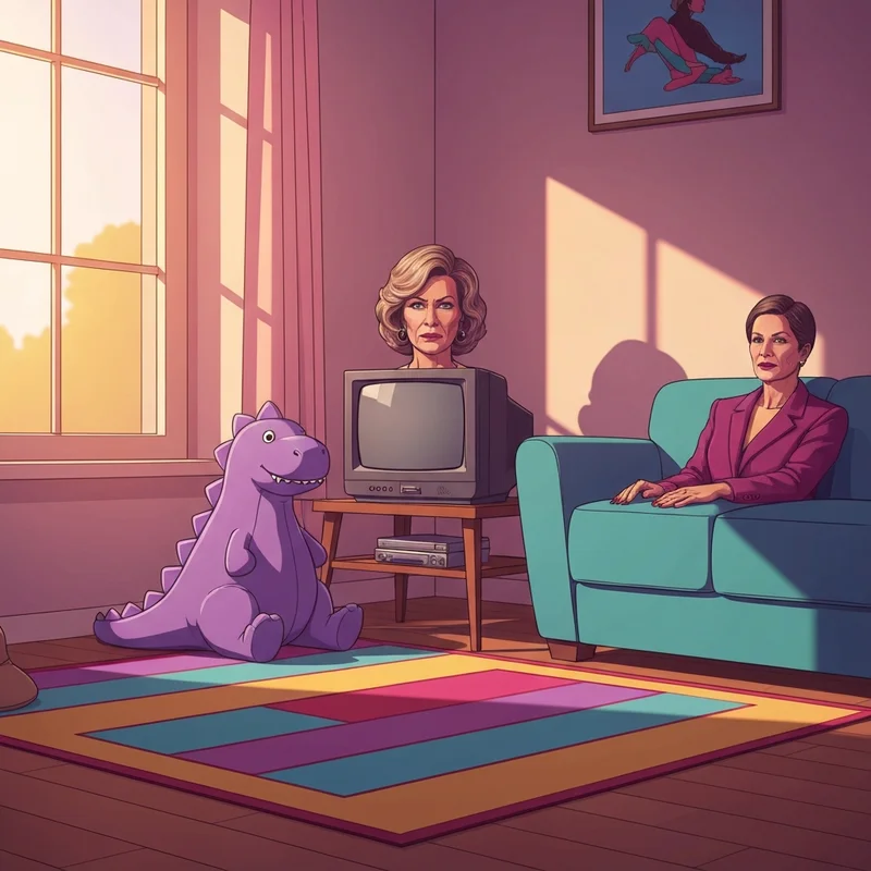 A nostalgic 90s living room scene featuring a CRT TV and a purple dinosaur toy representing barney and friends season 1.
