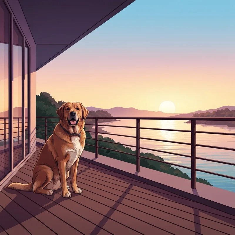 A happy dog on a balcony at one of the pet friendly hotels wilmington nc during sunset.