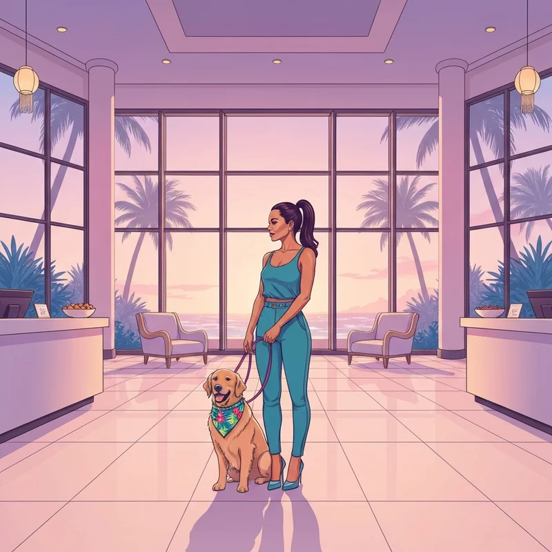 A happy golden retriever and its owner checking into one of the many luxury pet friendly hotels Florida has to offer.