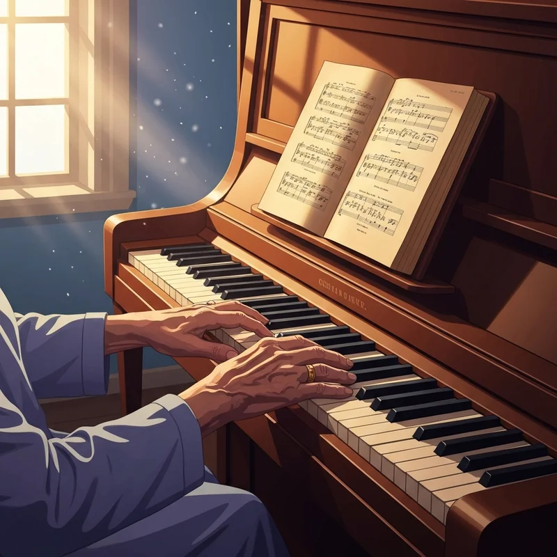 A peaceful scene of someone playing the chords for what a friend we have in jesus on a vintage piano in the sunlight.