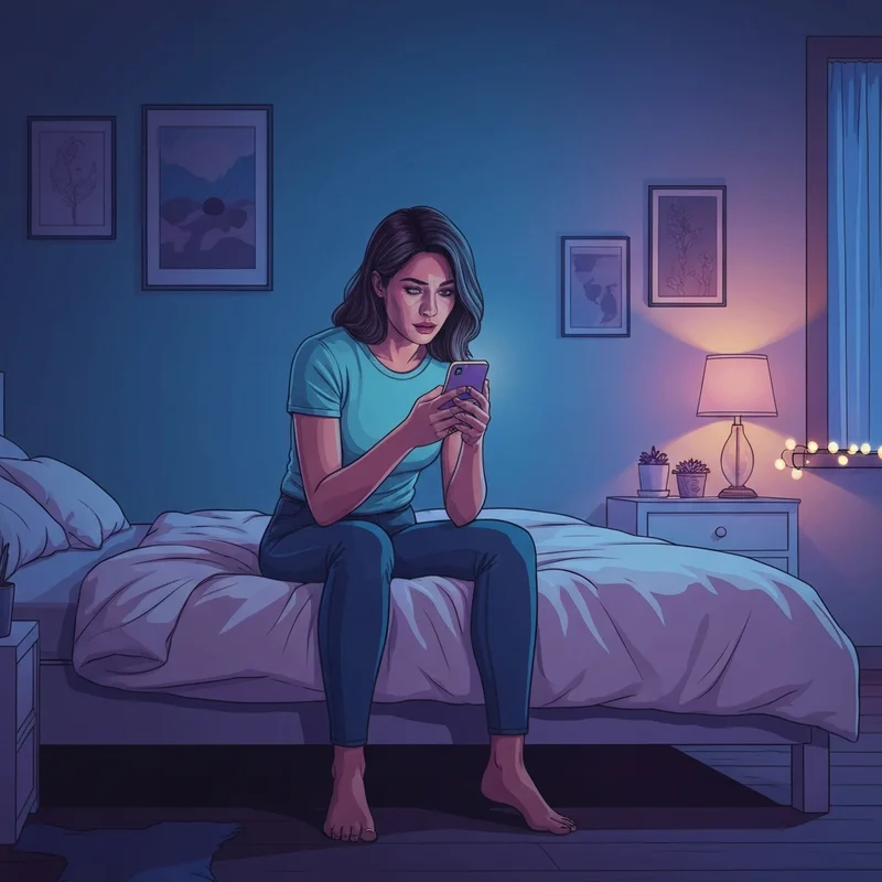 A young woman looking at just friends lyrics on her phone in a moody, blue-lit bedroom.