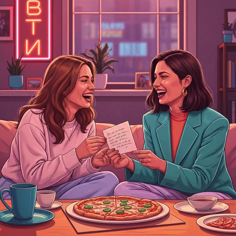 Two best friends celebrating with a happy valentines friend card in a cozy apartment.