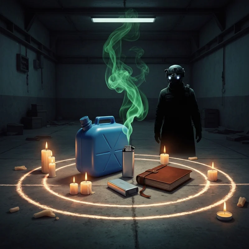 A tactical survivor standing over a Cultist Circle sacrifice for Friend from Norvinsk Part 5 in a dark bunker hideout.