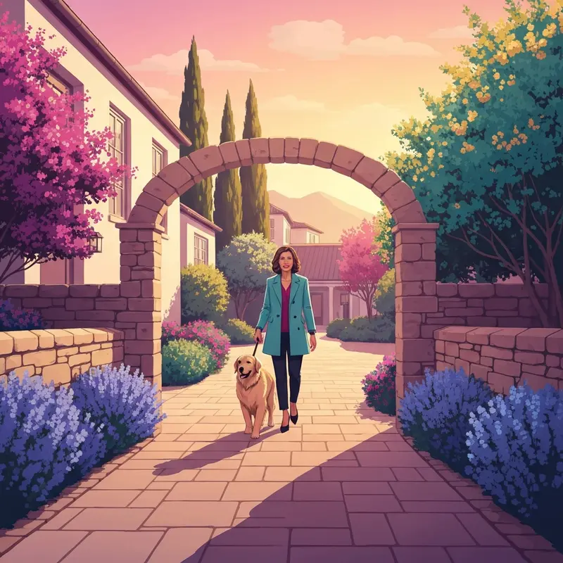 A luxury traveler and her dog entering one of the premier hotels carmel ca pet friendly during sunset.