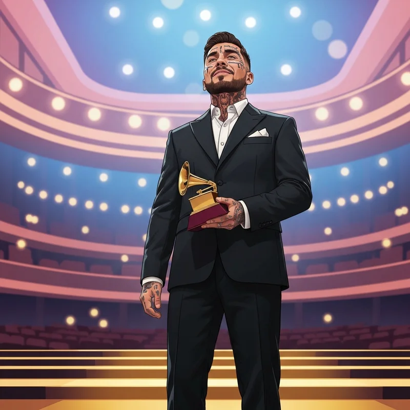 Lefty Gunplay holding his Grammy award on stage, symbolizing a historic win for Latino rap.