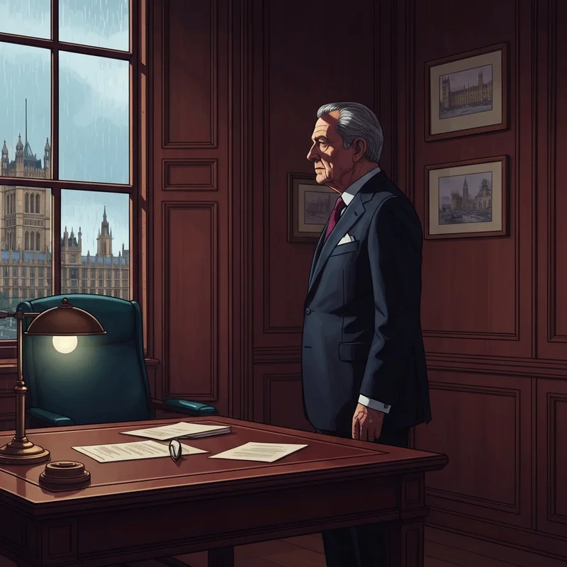 A dramatic scene symbolizing the political fall of lord mandelson in a historic Westminster office.