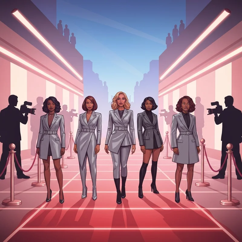 The members of KATSEYE arriving at a global awards ceremony in coordinated high-fashion outfits.