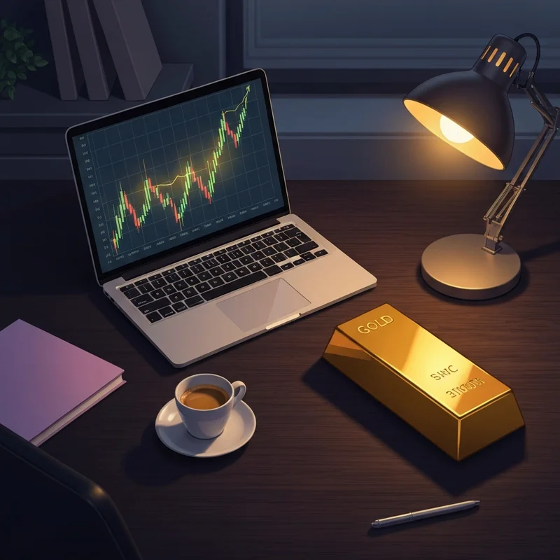 A professional trading setup showing a gold futures price chart and a physical gold bar reflecting the light.