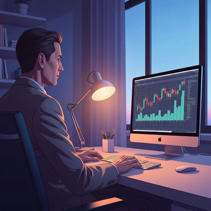 A professional analyzing dow jones stock markets futures on a monitor in a calm home office setting.