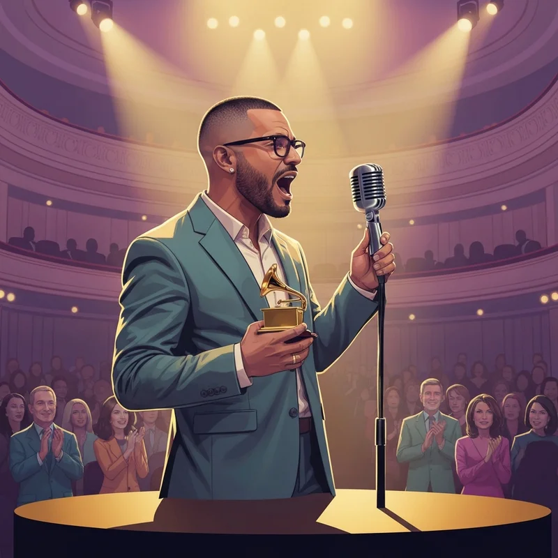 Bad Bunny holding his Grammy Award for Album of the Year on stage in 2026.