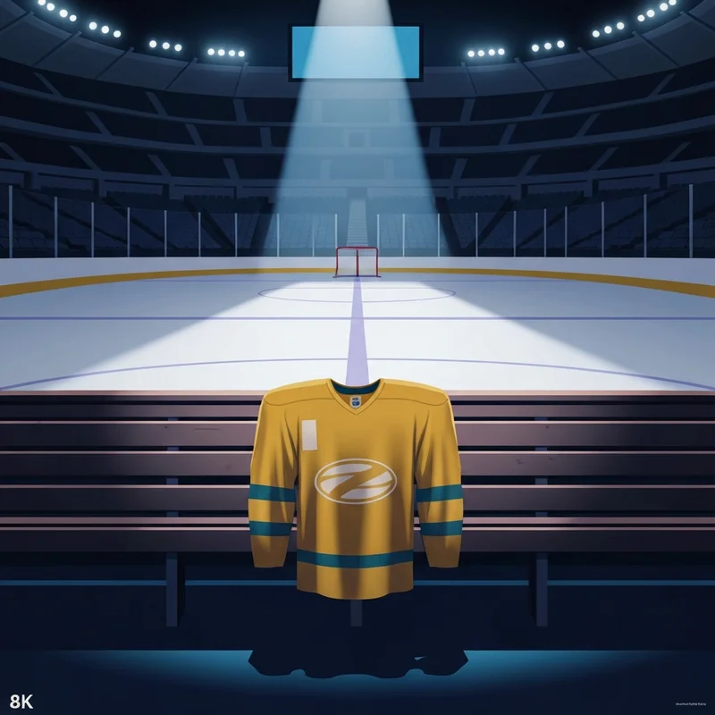 The emotional aftermath of a golden knights vs ducks game with a jersey on the bench in an empty arena.