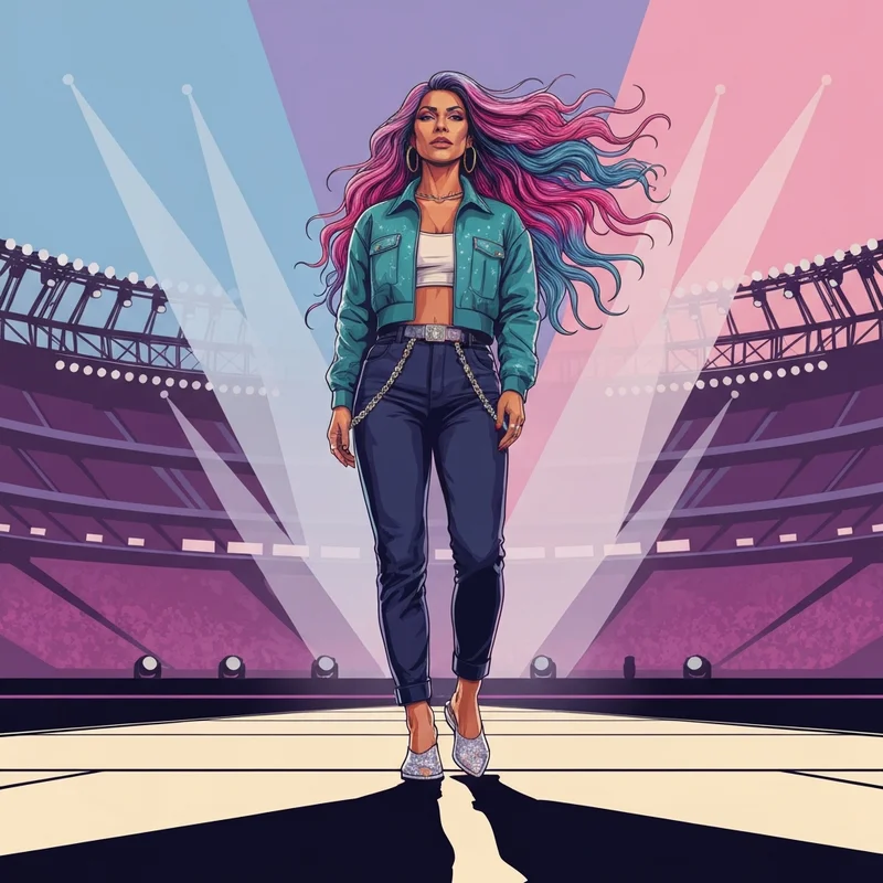 A powerful woman with long colorful hair embodying the Karol G Bichota aesthetic on a global stage.