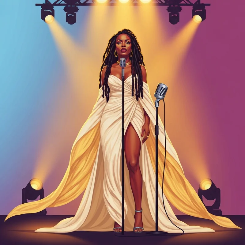 The iconic Lauryn Hill performing on stage in a moment of soulful resonance and power.