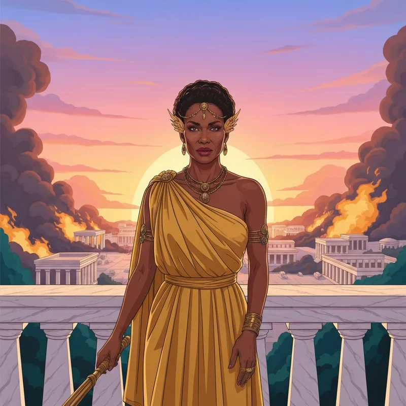 A cinematic representation of the Lupita Nyong'o Helen of Troy archetype in a modern mythic action epic style.