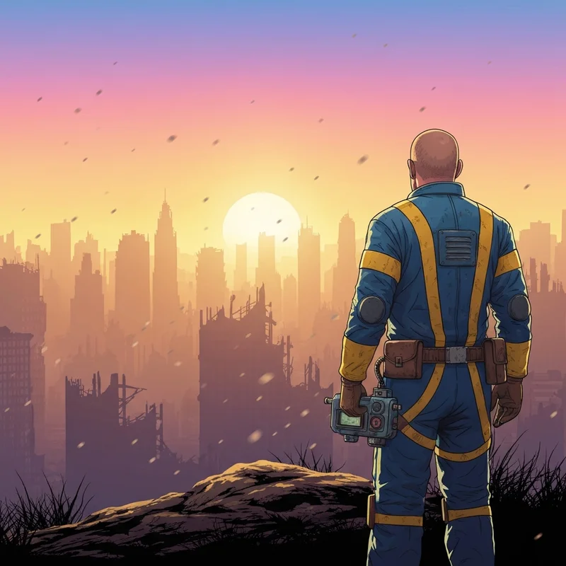 A lone vault dweller looking over a ruined city in a fallout remastered visual style.