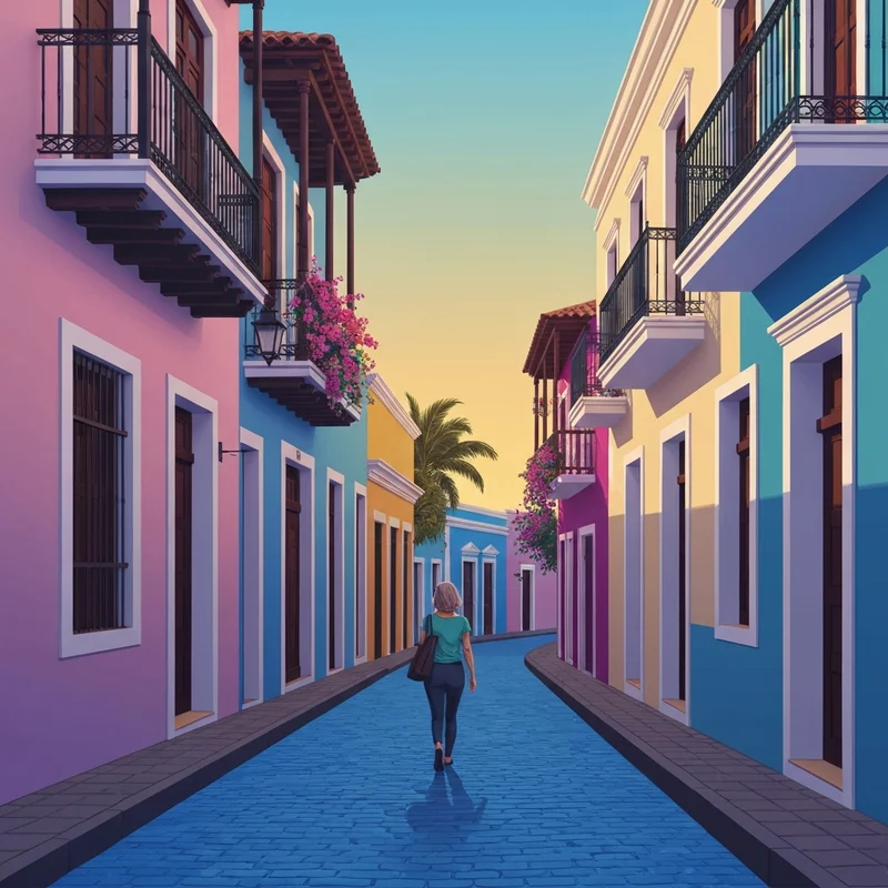 A traveler exploring a colorful street in Old San Juan as part of their Puerto Rico travel guide experience.