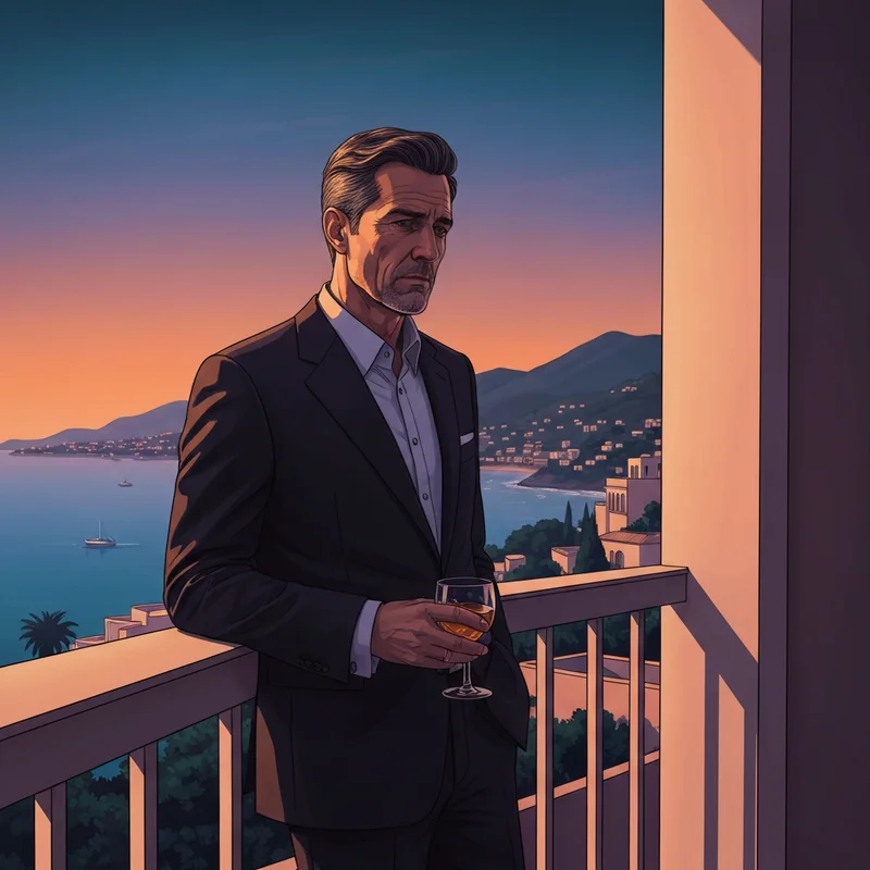 A cinematic depiction of the sophisticated atmosphere expected in The Night Manager Season 3 featuring a lone spy overlooking a sunset.