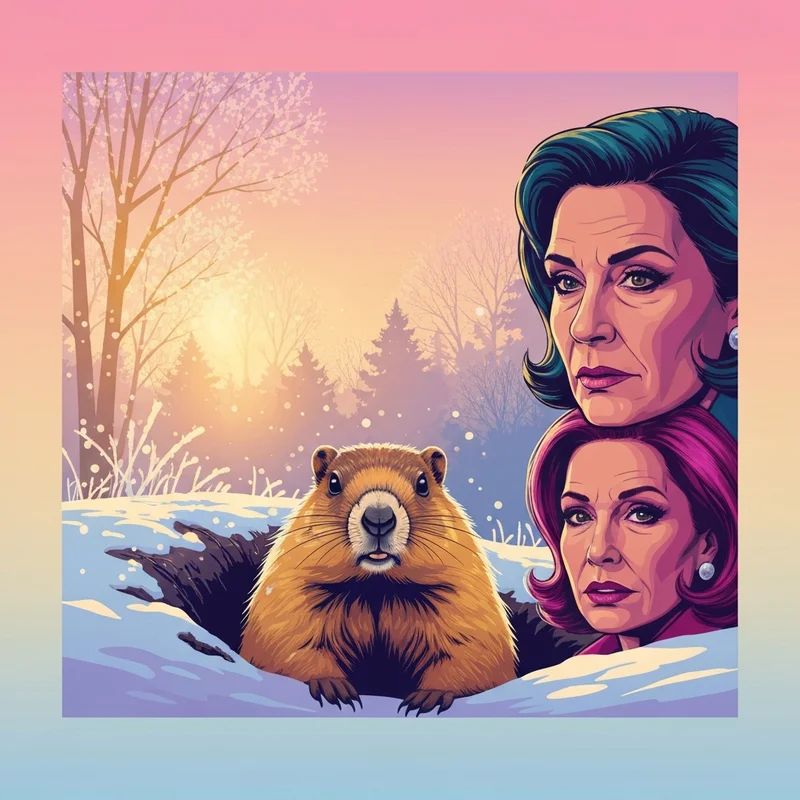 A mystical groundhog emerging from its burrow during the annual groundhog day celebration in a snowy forest.