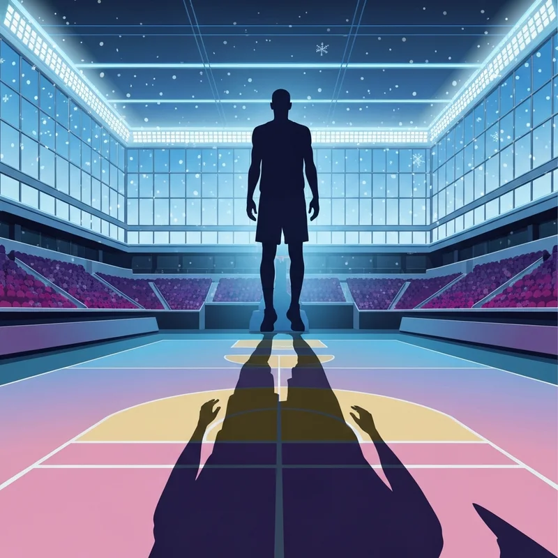 A dramatic shot of the Frost Bank Center during the magic vs spurs game featuring a tall silhouette resembling Victor Wembanyama.